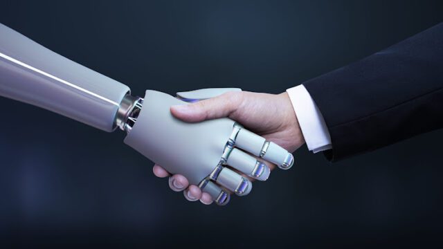 Business hand robot handshake, artificial intelligence digital transformation